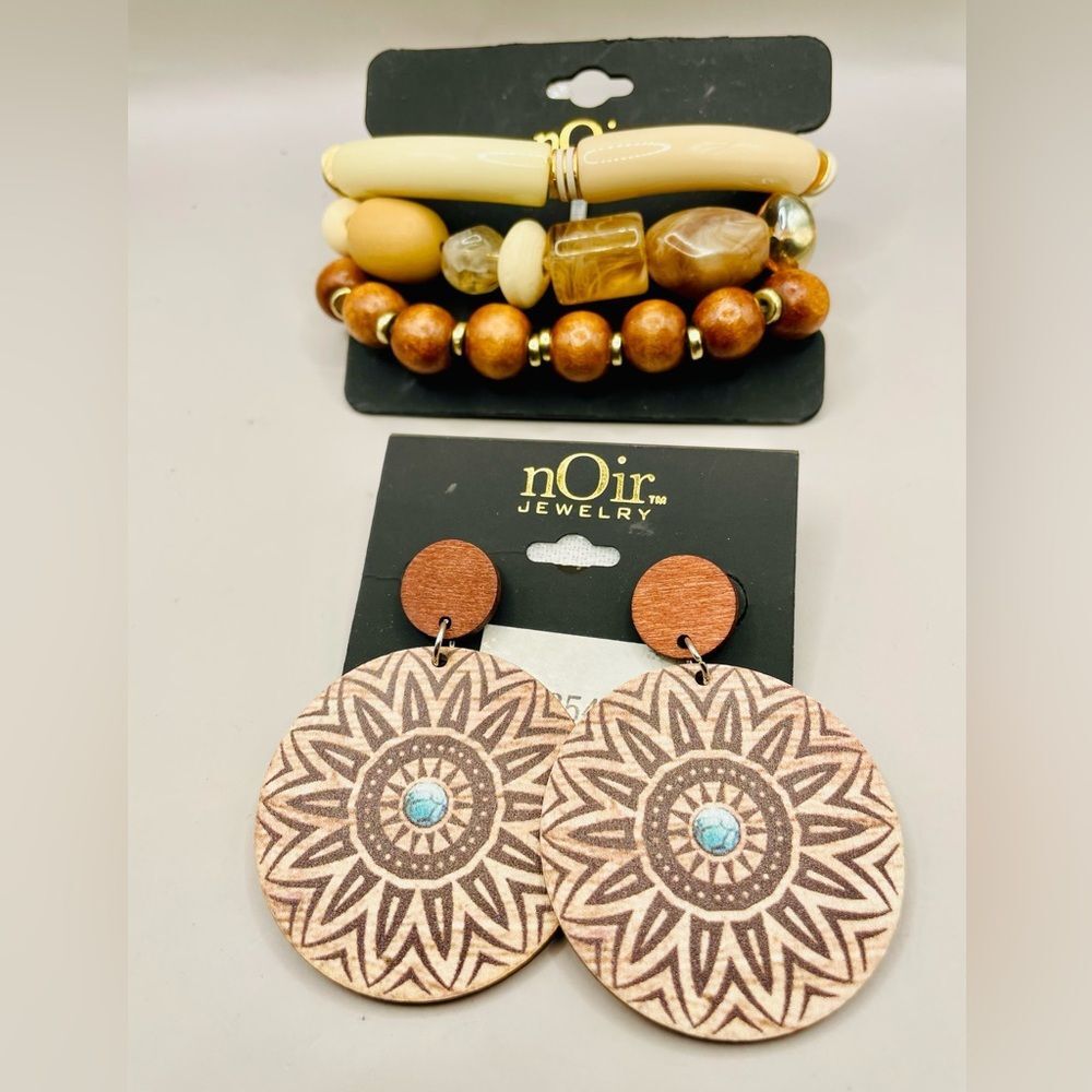 nOir Boho bracelet and earring set. Wood earring and 3 stretchy bracelets.Tribal